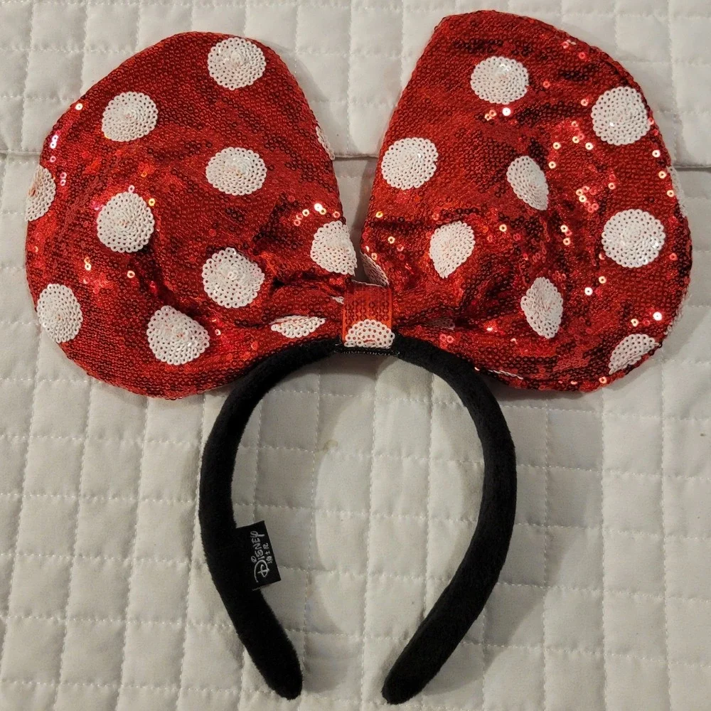 Disney Handmade Shimmering Minnie Mouse Red White Polka Dot Sequin Bow Headband